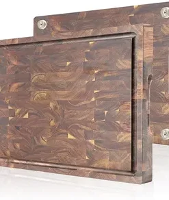 Großes Premium-Schneidebrett aus Akazienholz für Küchenarbeitsplatten, mit Saftabtropffläche, Abtropfschale und rutschfesten Füßen