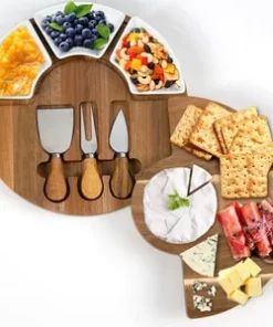 Rundes Käseset aus Akazienholz, Käsebrett mit Keramikschale und Messern