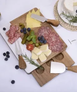 Kundenspezifisches rechteckiges Käsebrett aus Marmor und Akazienholz mit Messer, Schneideblöcke im Natur-Stil