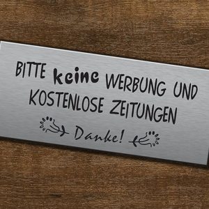 Schild "Bitte keine Werbung" 60x20 mm mit Gravur, selbstklebend, od. 2 Bohrungen, inkl. Gravur