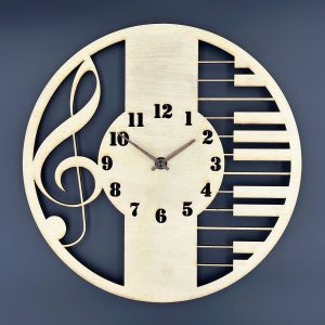 Die Symphonie der Zeit: Runde Holzuhr für Musikliebhaber mit Klaviertastatur-Design & Violinschlüssel-Muster