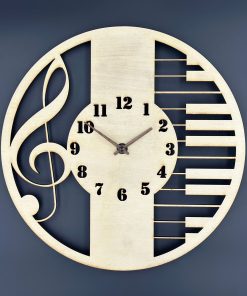 Die Symphonie der Zeit: Runde Holzuhr für Musikliebhaber mit Klaviertastatur-Design & Violinschlüssel-Muster