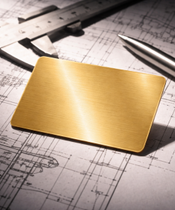 Metall-Visitenkarte 86 × 54 mm aus goldenem Aluminium, gebürstet, 0,8 mm, bei der Gravur erscheinen die Buchstaben in weißer Farbe, leer, für Lasergravur.