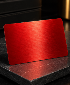 Metall-Visitenkarte 86 × 54 mm aus rotem Aluminium, gebürstet, 0,8 mm, bei der Gravur erscheinen die Buchstaben in weißer Farbe, leer, für Lasergravur.